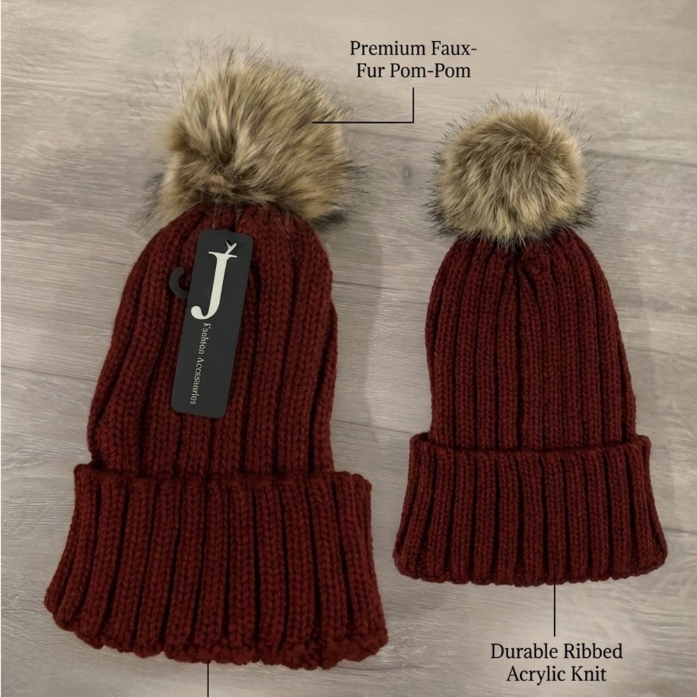 Burgundy Knit Hat with Faux Fur Pom-Pom